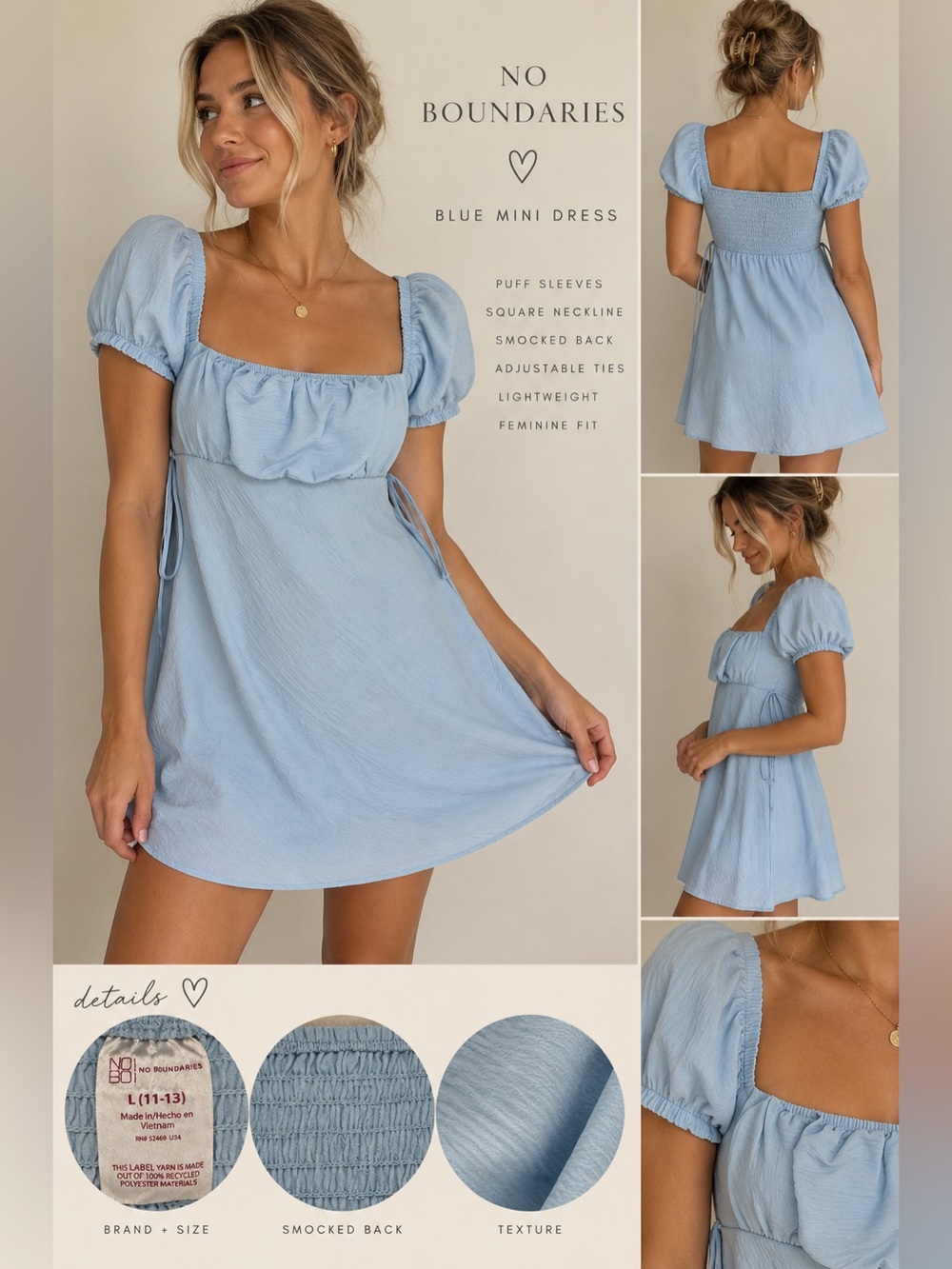 No Boundaries Blue Puff Sleeve Mini Dress Size L Coquette Cottagecore